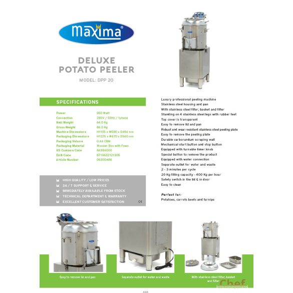 Maxima Ipari burgonyakoptató zöldség tisztítógép, Deluxe Peeler DPP 20, kapacitás: 20kg, 400kg/óra