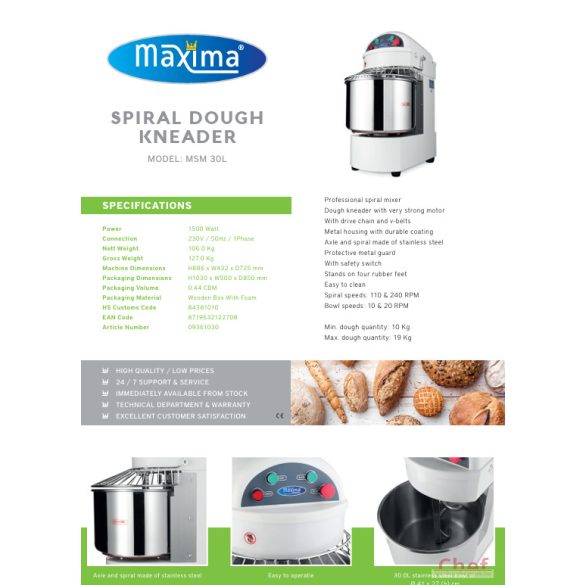 Maxima ipari dagasztógép, tésztagép MSM 30, 18kg tésztához, 2 sebesség