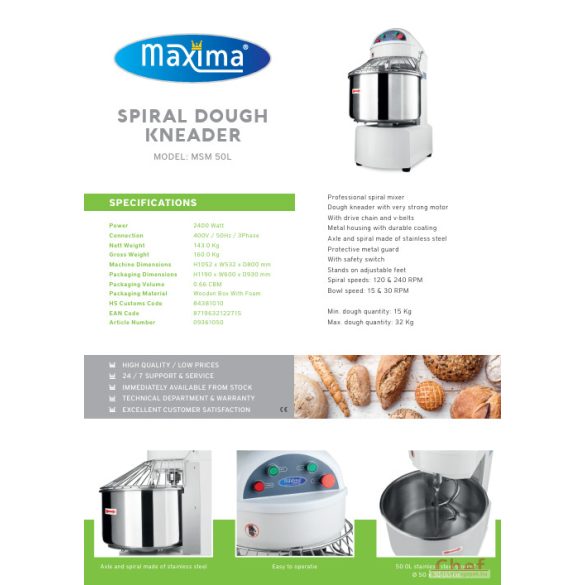 Maxima ipari dagasztógép, tésztagép MSM 50, 32kg tésztához, 2 sebesség
