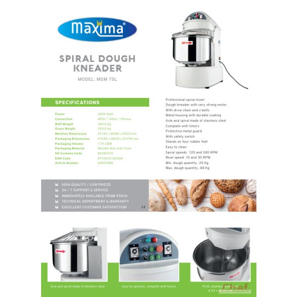 Maxima ipari dagasztógép, tésztagép MSM 75 48kg tésztához, 2 sebesség