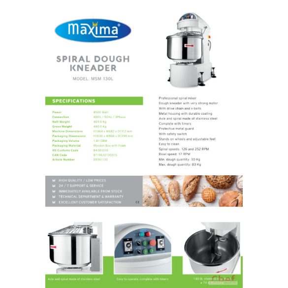 Maxima ipari dagasztógép, tésztagép,Spiral Kneader MSM 130, 80kg tésztához, 2 sebesség