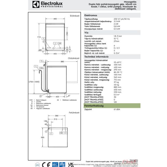 Electrolux ipari mosogatógép Dupla falú, Pohármosogató, ürítő pumpa és vegyszer adagolóval 3,3kW 40*40