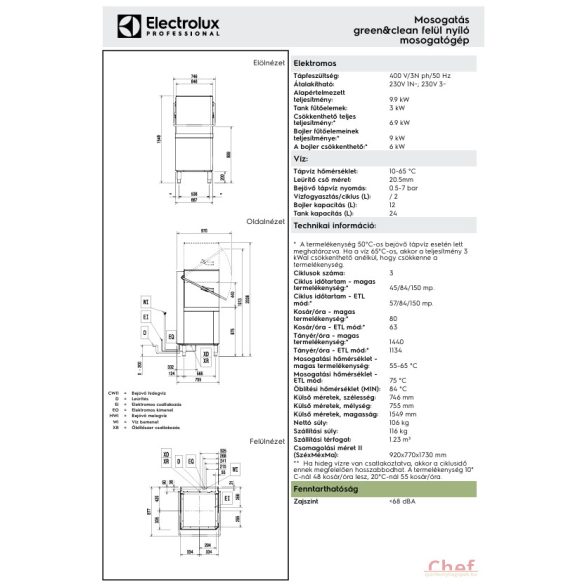 Electrolux ipari mosogatógép fehér edényekhez Átadó rendszerű, ürítő pumpával, öblitőszer adagolóval