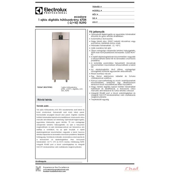 Electrolux Ipari hűtőszekrény, 670l, -2/+10°C, digitális vezérlés, AISI304