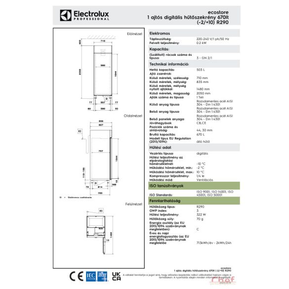 Electrolux Ipari hűtőszekrény, 670l, -2/+10°C, digitális vezérlés, AISI304