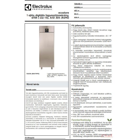 Electrolux Ipari hűtőszekrény, ,Ecostore, 1 ajtós digitális fagyasztószekrény, 670lt (-22/-15), AISI 304 (R290)