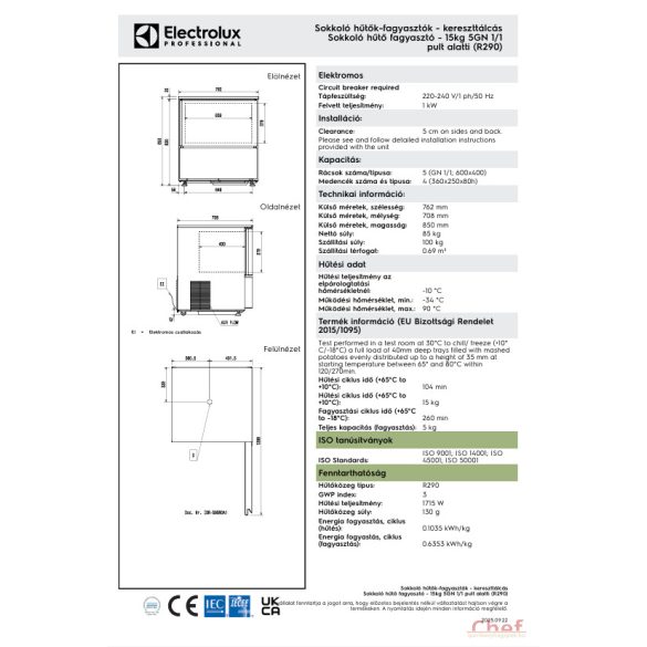 Electrolux sokkoló hűtő-fagyasztó, 5GN1/1 pult alatti kivitel